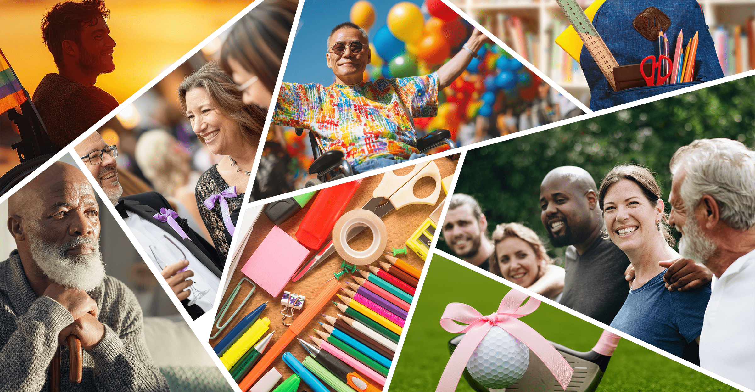 A collage of diverse people of different ages smiling, celebrating, shopping, and enjoying outdoor activities together.
